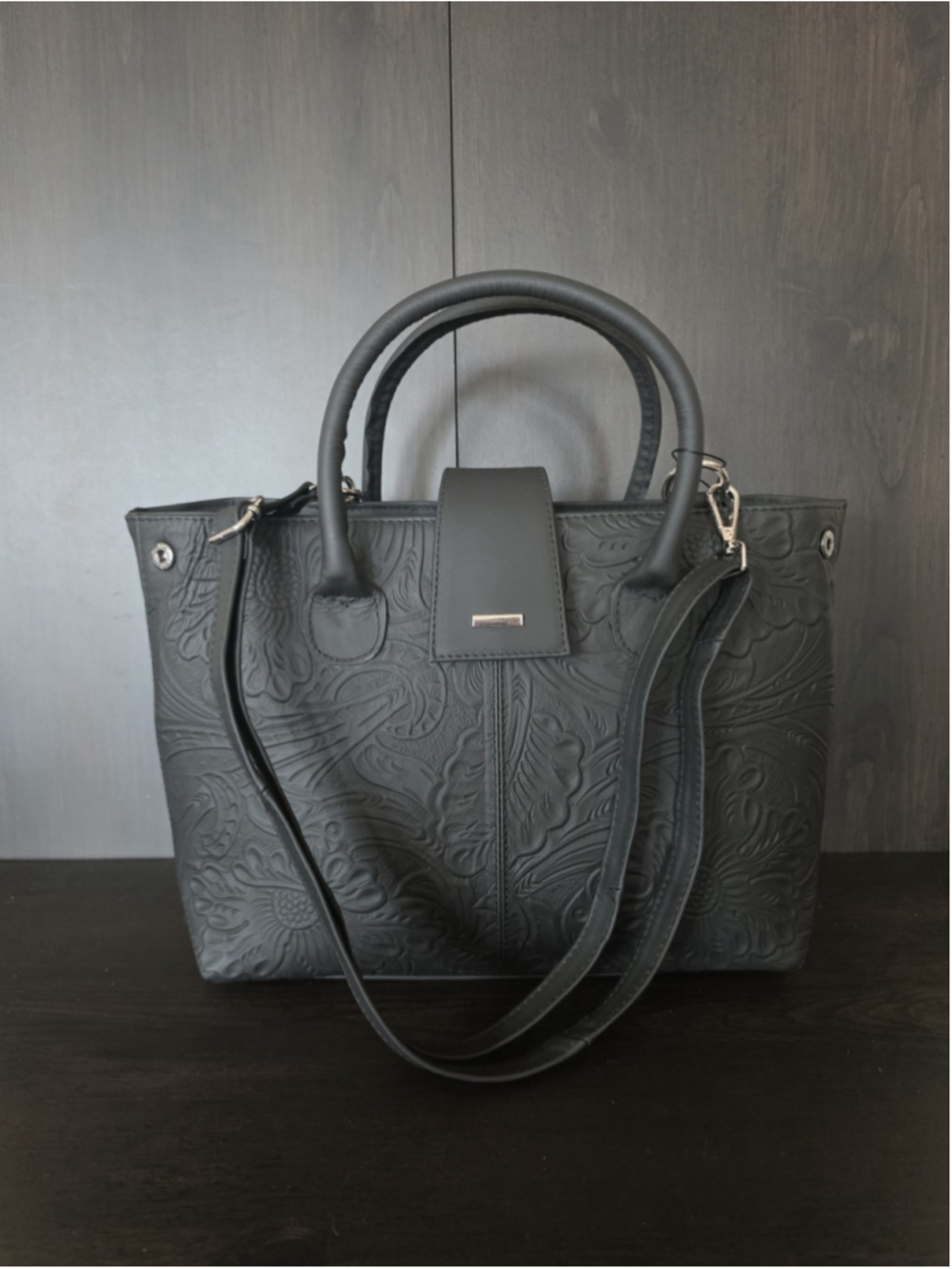 Black Floral Embossed Tooled Artisan LEATHER Hobo Bag Purse Crossbody - Picture 6 of 16